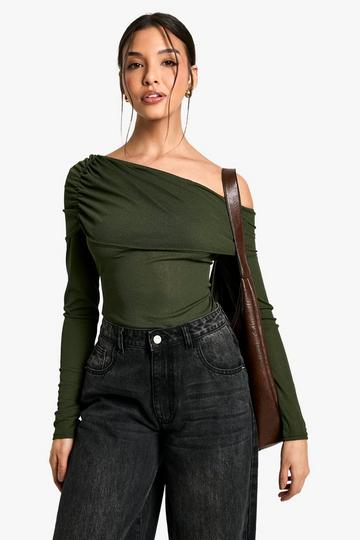 Textured mesh off shoulder top khaki