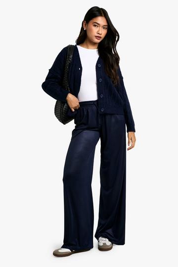 Jersey satin drawstring wide leg trouser navy