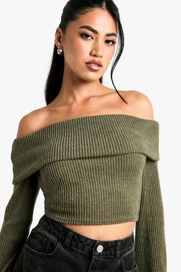 Brushed Rib Fold Over Bardot Top khaki