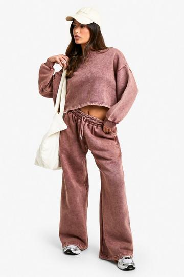 Burgundy Red Petite Acid Wash Wide Leg and Cropped Sweatshirt Tracksuit