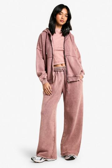 Petite Acid Wash Zip Through 3 Piece Tracksuit burgundy