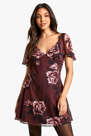 Blurred Floral Godet Mini Dress rust