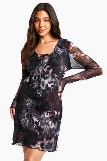 Abstract Mesh Slare Sleeve Mini Dress black