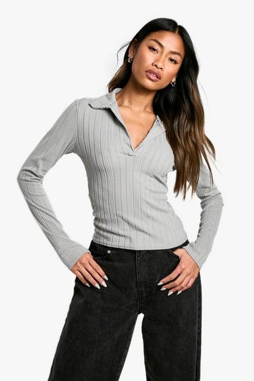 Brushed Rib V Neck Collared Top grey marl