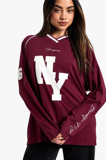 NY Slogan Long Sleeve V Neck Football Top burgundy