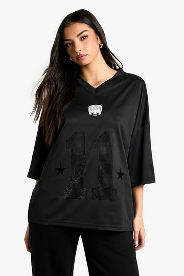 Varsity Diamante Slogan Oversized V Neck Football Top black