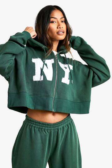 NY Self Fabric Applique Boxy Crop Zip Through Hoodie forest