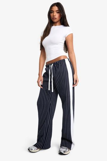 Navy Pinstripe Minimal Waistband Contrast Wide Leg Jogger