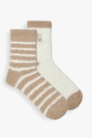 2 Pack Tonal Bear & Stripe Fluffy Socks multi