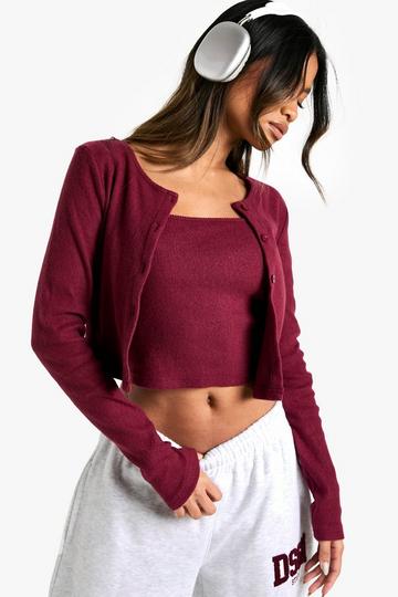 Brushed Rib Button Through Cardigan & Cami Top wine