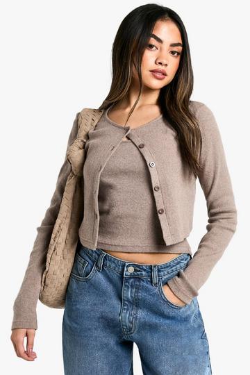 Brushed Rib Button Through Cardigan & Cami Top taupe