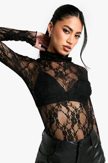 Lace High Neck Long Sleeve Bodysuit black