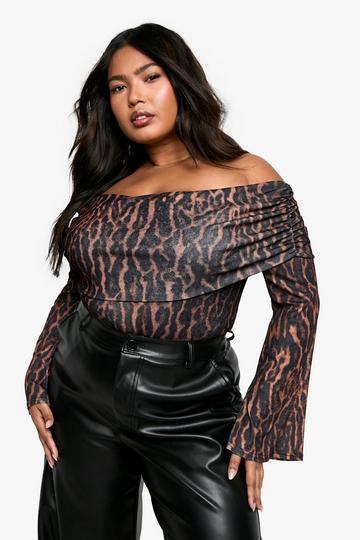 Plus Ruched Bardot Leopard Bodysuit brown