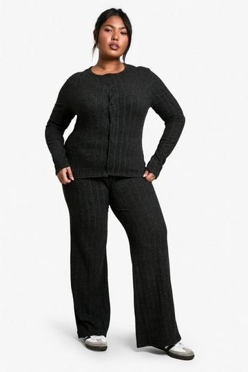 Plus Soft Rib Button Through Cardigan And Trouser Knitted Set dark grey