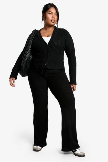 Plus Zachte Gebreide Geribbelde Cardigan En Broek Met Touwtjes Set black