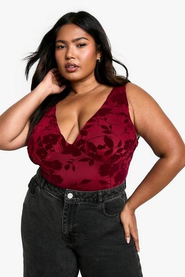 Plus Bloemenprint Devore Bodysuit cherry