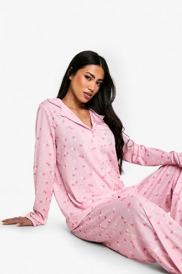 Valentines Heart Print Long Sleeve Shirt & Trouser PJ Set pink