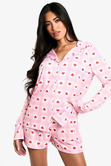 Heart Print Long Sleeve Shirt & Shorts Pyjama Set pink