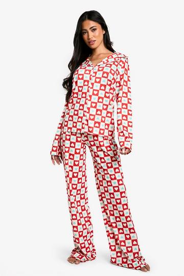 Heart Print Long Sleeve Shirt & Trouser PJ Set red