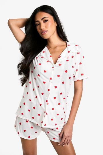 Heart Print Short Sleeve Shirt & Shorts Pyjama Set cream