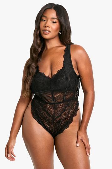 Plus Lace Bodice Detail Lace Up Bodysuit black