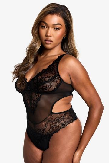 Plus Kanten Bodysuit Met Laag Decolleté black