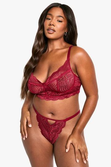 Plus Kanten Bralette En High Waist String Set berry