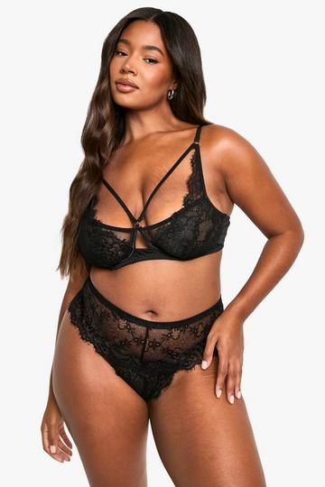 Plus Lace Strap Detail Bralet & High Knicker Set black