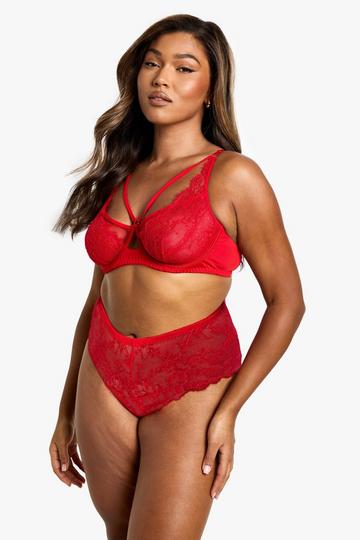 Plus Lace Strap Detail Bralet & High Knicker Set red