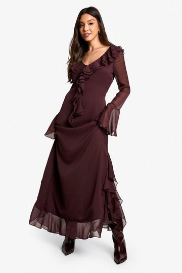 Ruffle Flare Sleeve Belted Chiffon Maxi Dress plum