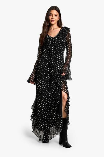 Black Polka Dot Ruffle Flare Sleeve Belted Chiffon Maxi Dress