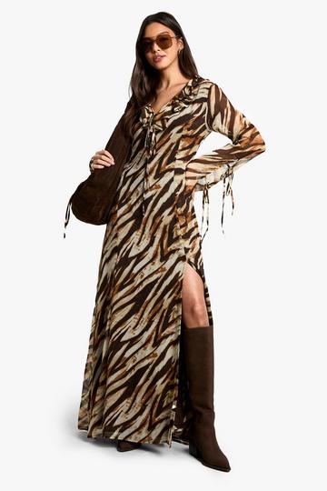 Brown Zebra Ruffle Tie Sleeve Belted Chiffon Maxi Dress