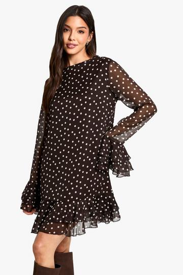 Polka Dot Chiffon Smock Dress chocolate