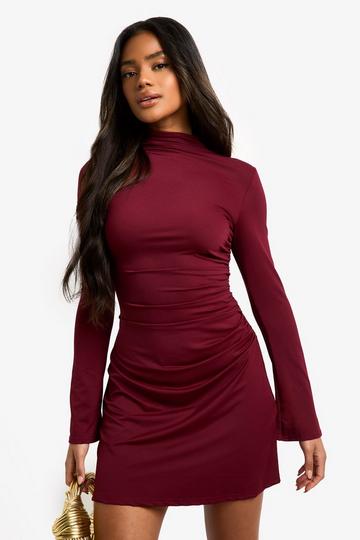 High Neck Long Sleeve Ruched Waist Shift Dress burgundy