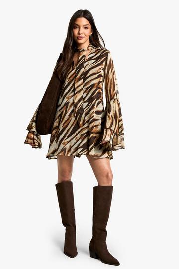 Gesmokte Chiffon Zebraprint Jurk Met Wijde Mouwen brown