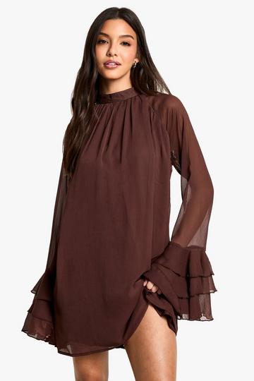 High Neck Volume Sleeve Chiffon Smock Dress chocolate