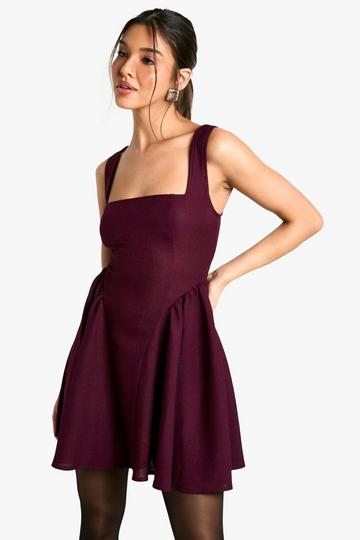 Boucle Tailored Pleated Skater Dress burgundy