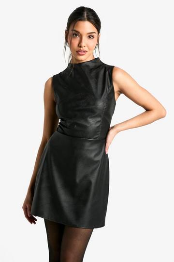 Faux Leather High Neck Mini Dress black