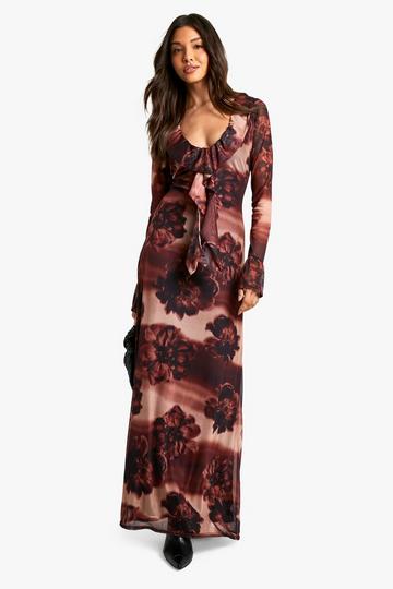 Mesh Maxi Jurk Met Ruches En Wazige Bloemen brown