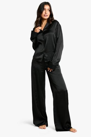 Tall Satin Long Sleeve Shirt & Trousers Pyjama Set black