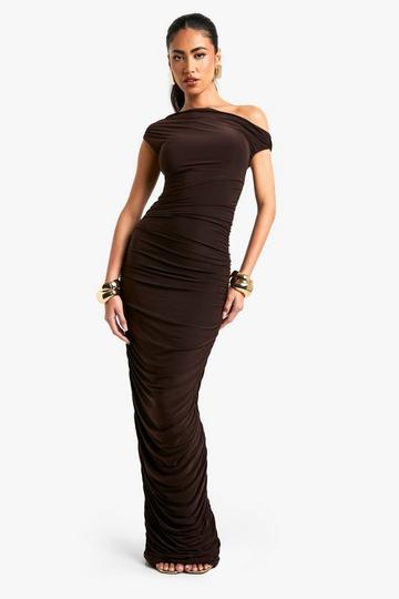 One Shoulder Asymmetric Ruched Maxi Dress chocolate