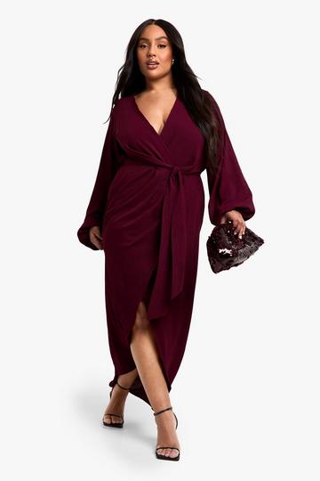 Plus Textured Satin Tie Detail Maxi Dress wine