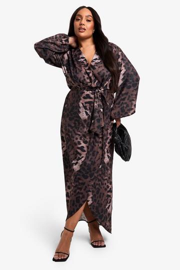 Plus leopard Tie Detail Maxi Dress brown