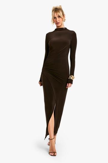 Ruched Waist Long Sleeve Split Maxi Dress chocolate