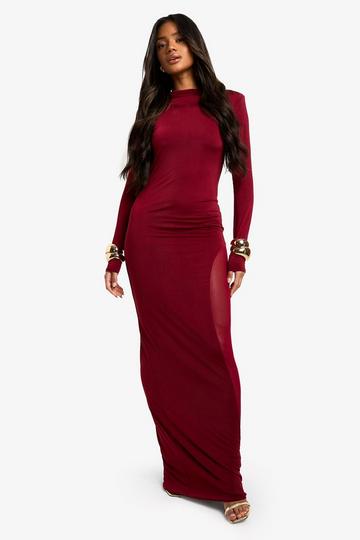 Slinky Mesh Detail Long Sleeve Maxi Dress plum