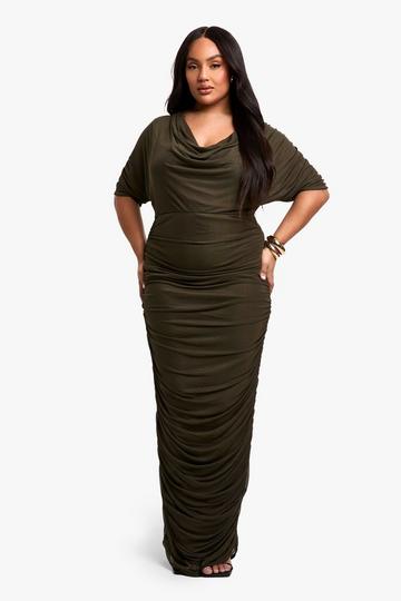 Olive Green Plus Cowl Neck Ruched Midaxi Dress