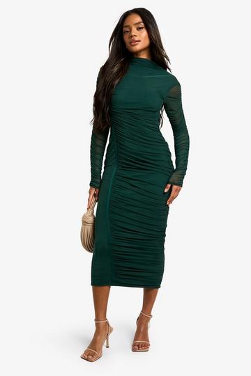 Mesh Ruched High Neck Midaxi Dress green