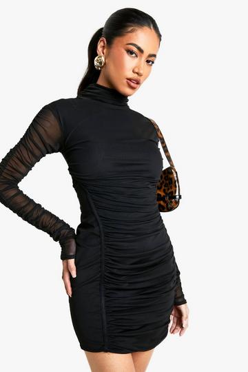 Mesh Ruched High Neck Mini Dress black