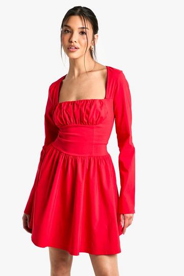 Bengaline Corset Long Sleeve Skater Dress red