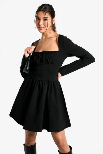 Bengaline Corset Long Sleeve Skater Dress black